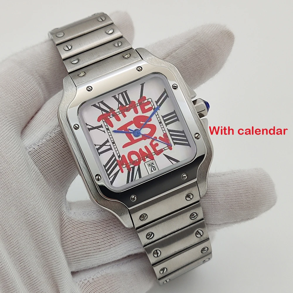 NH35 Square Watch Time is Money, Men's Automatic Watch Roman Case Folding Buckle Bracelet NH35 NH36 Movement Watch
