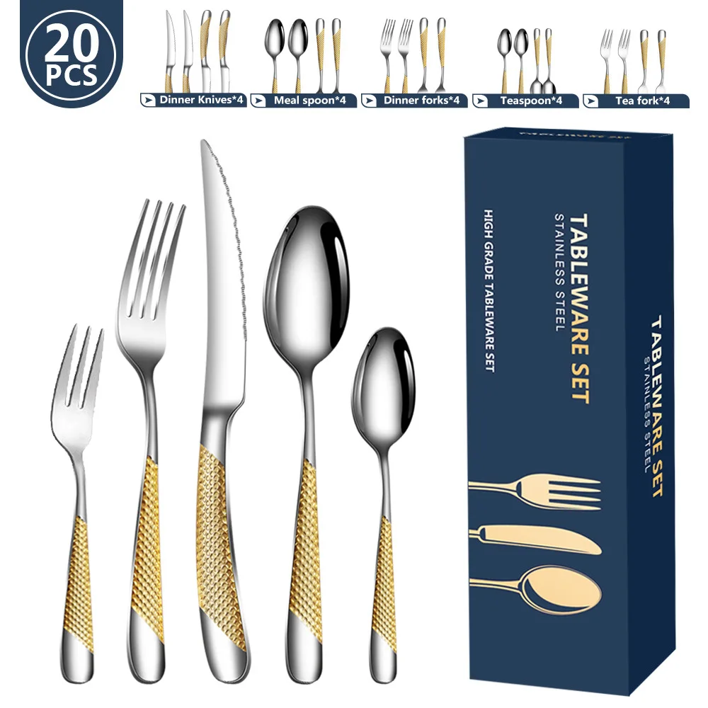 

20pcs Stainless Steel Cutlery Set Dinnerware Classic Restaurant Gold Kitchen Wedding Dining Dinner Tableware Dishwasher Safe