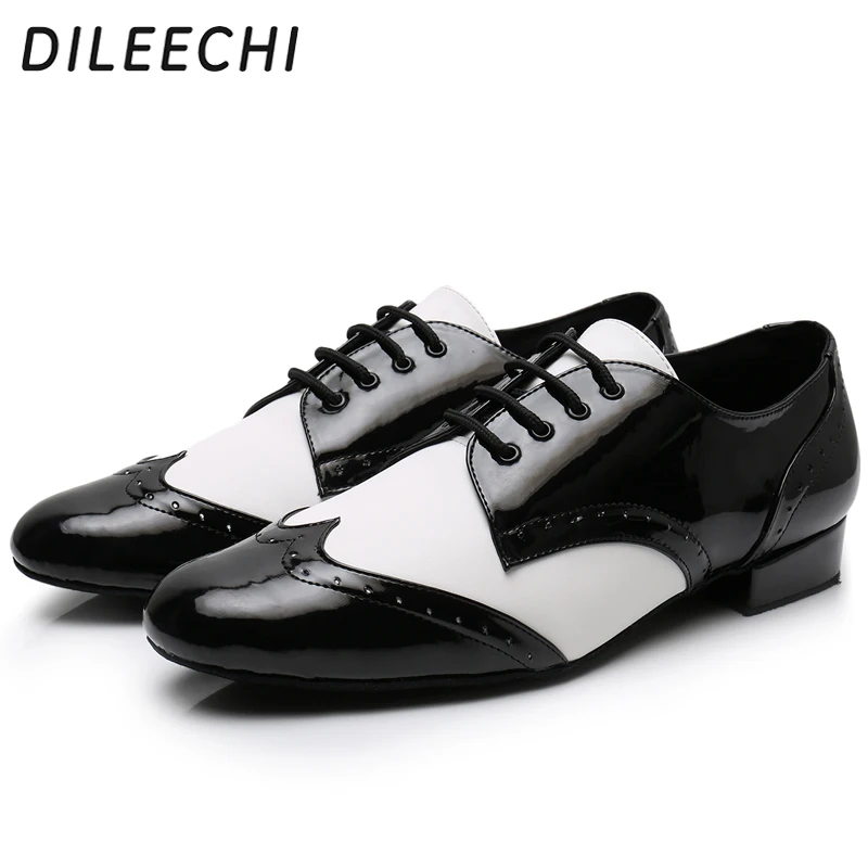 DILEECHI Men\'s Dance Shoes Adult Soft outsole Black PU Leather Square Ballroom dancing Shoes Low Wide Heel 2cm