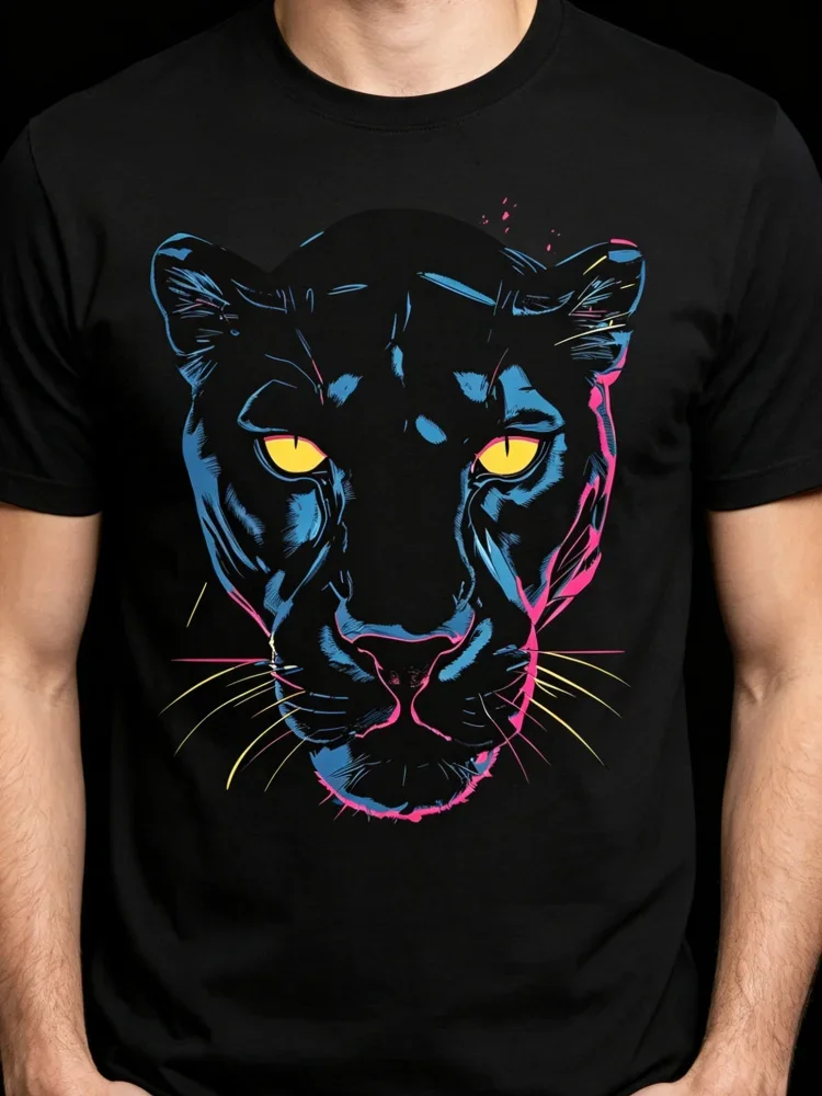3D Neon Black Panther Print T Shirt For Men Summer Round Neck T-shirt Stylish Animal Short Sleeve Tops Trend Street Man Clothes