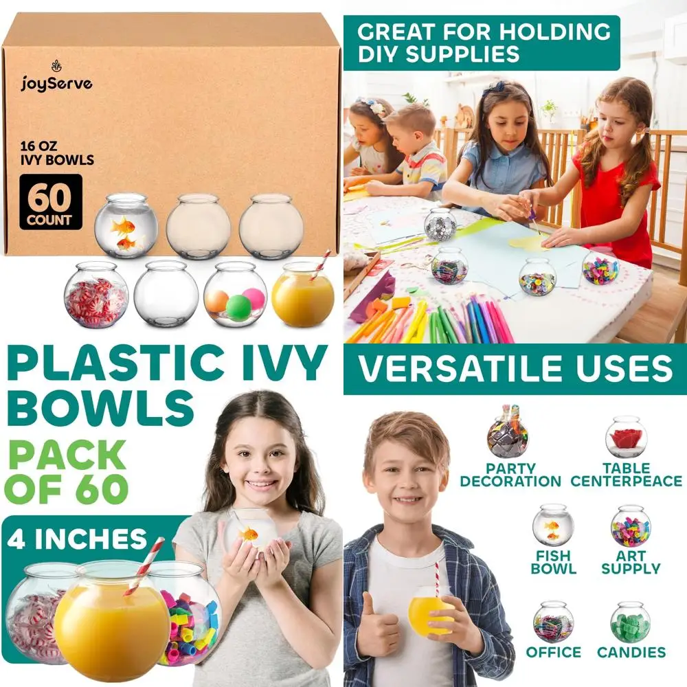 

Сверхмощные пластиковые миски для рыбы на 16 унций, упаковка из 60 штук, диаметр 4 дюйма, идеально подходят для конфет, карнавальных игр, призов и центральных предметов