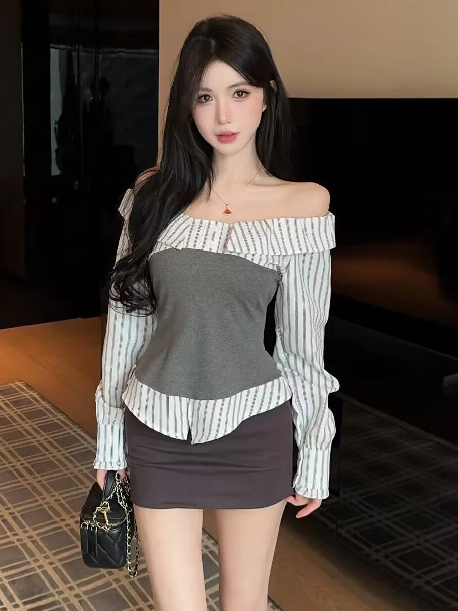 Korean Sexy Color Block Striped Shoulder Bared Long Sleeve Shirt Top Slimming Wrap around High Waist Skirt Set Women's Fashion