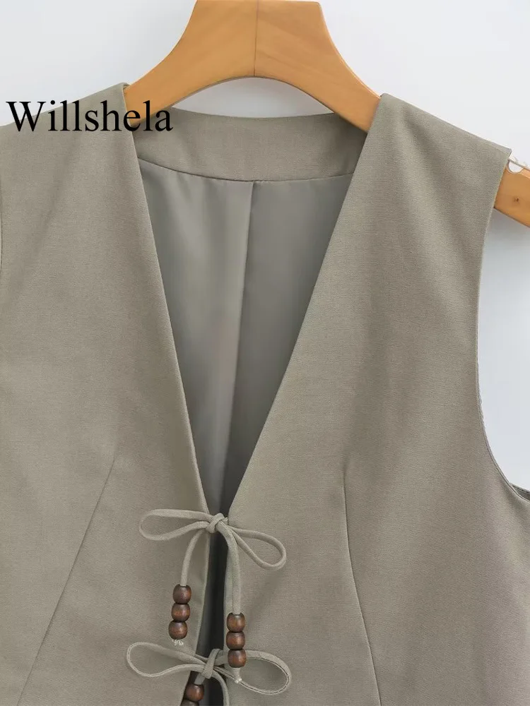 Willshela Women Fashion With Beading Army Green Lace Up Vest Sleeveless Jackets Vintage V-Neck Waistcoat Female Chic Tank Tops