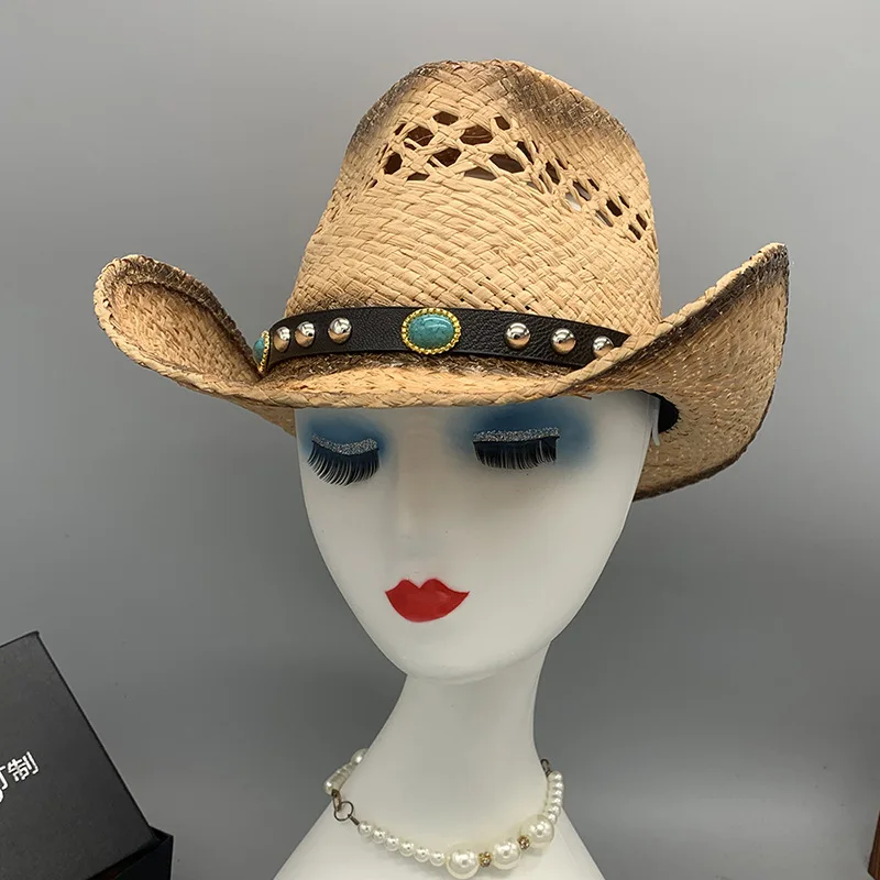 

European And American Style Raffia Handmade Woven Hollowed Gem Holiday Sunshade Cowboy Hat Straw Hat