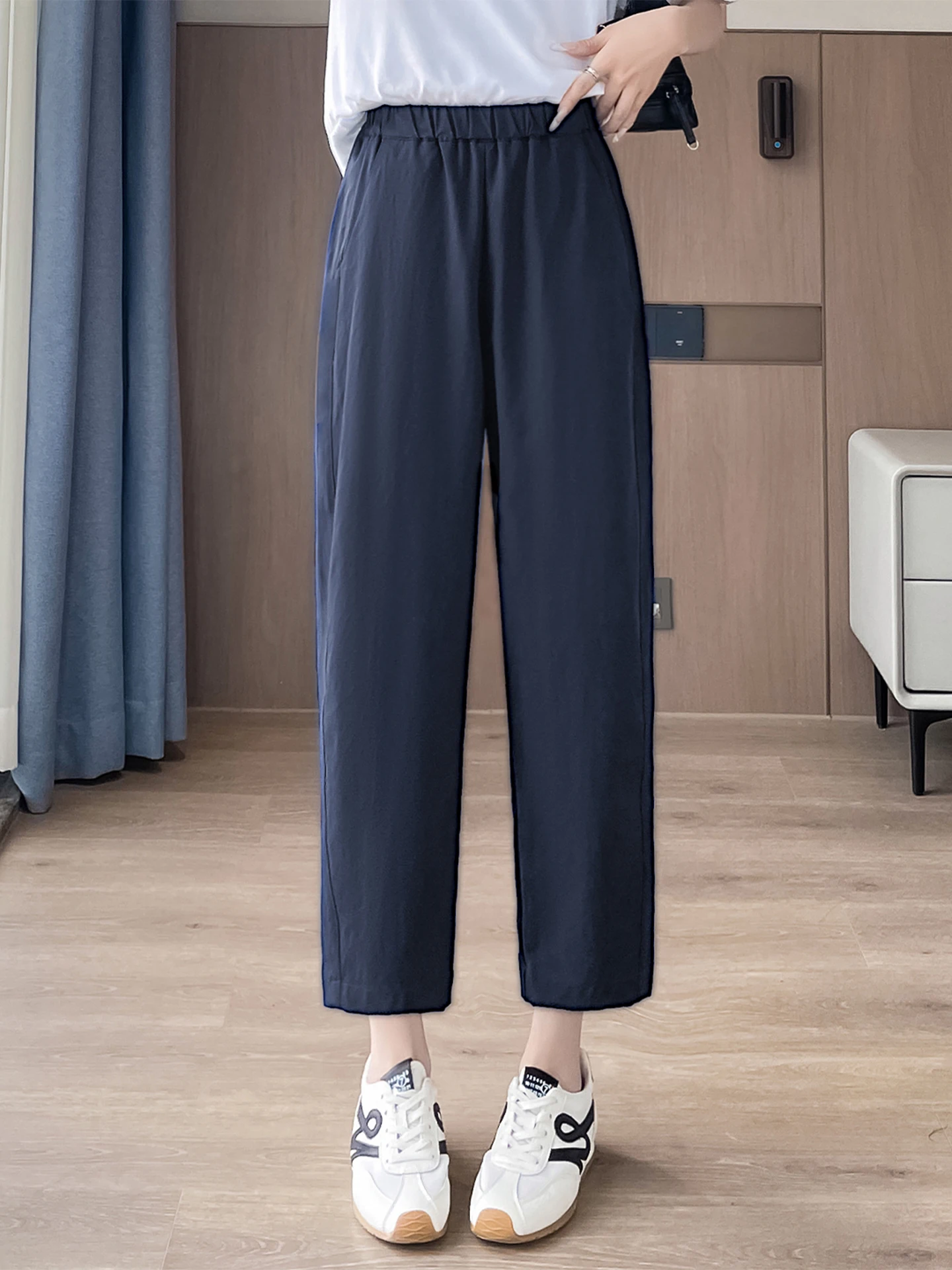 

Qui Dry Ice Silk Harem Pants Women's Summer Thin Nine Points Small Size Sport Pants k Blue Pants Korean Sle Casual Pants