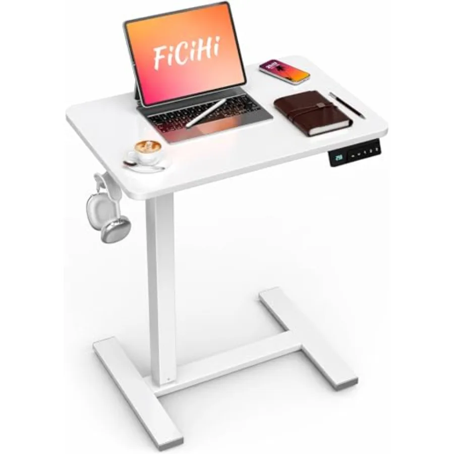 

Small Electric Standing Desk for home office, sofa, couch use adjustable height bedside laptop table with wheels, mobile portab
