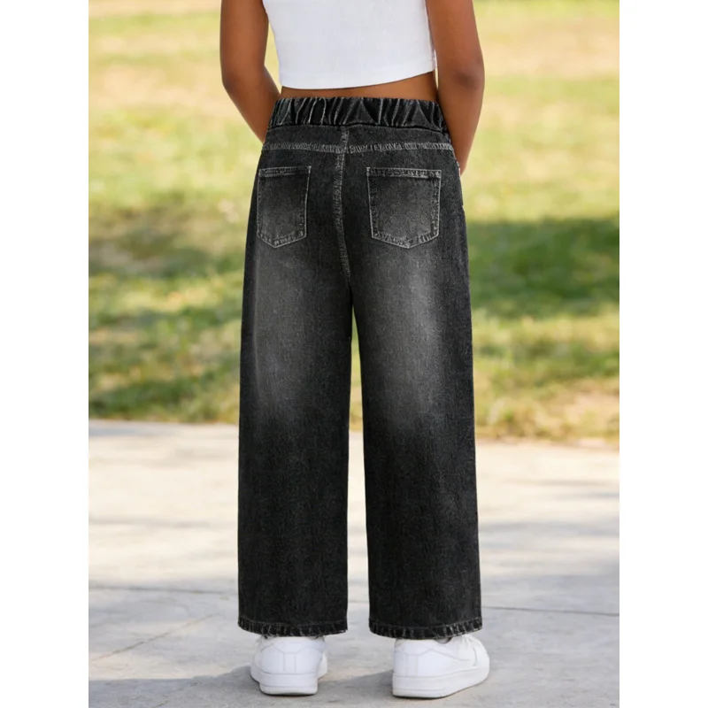 2026Children's Black Imitation Denim Wide-Leg Pants Colorful Heart and Star Print Distressed Outfit