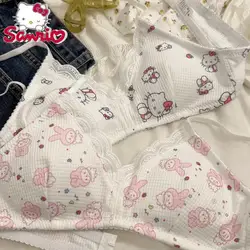Hello Kitty Girls Underwear Cup Cartoon Cute Sweet Bra Set Y2k Aesthetic Lace Lingerie Women Panties Gift Sweet Lingerie