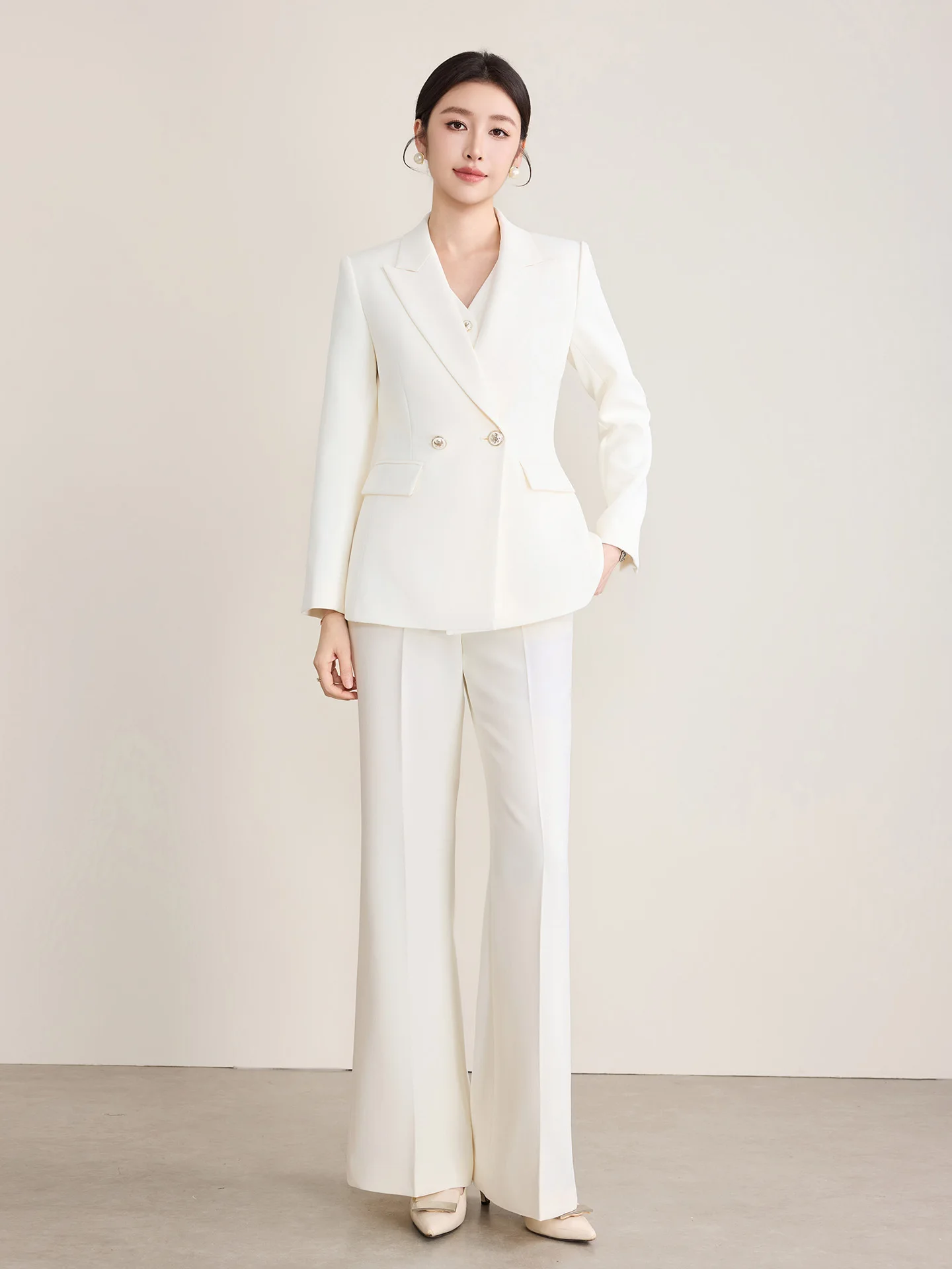 

Ele Women's High-End Beige Suit Set Commute Profional Faion Long Pants Micro Flare Tee-Piece Ensemble Button up