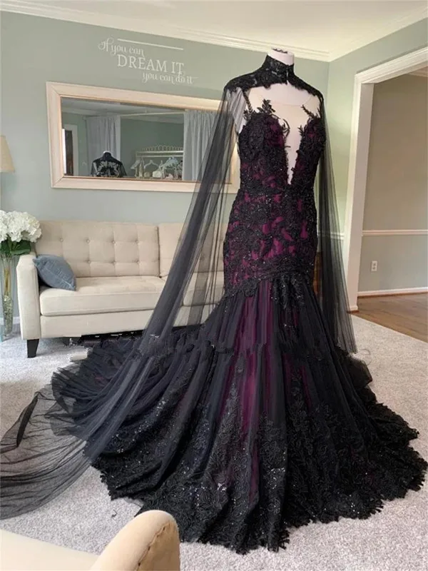 Vintage Black and Purple gothic Wedding Dresses with Cape Illusion Back Fishtail lace applique Mermaid Bridal Gown