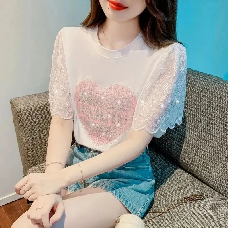 Women Summer Fashion Diamonds Lace O-neck Short Sleeve T-Shirt Ladies Casual Office Lady Loose Appear Thin All-match Trend Tops