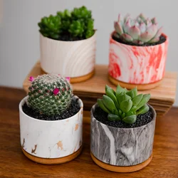 Ceramic Pots For Flowers Indoor Decoration Fleshy Plant Planter Marble Texture Round Flowerpot Bamboo Tray Pot Garden Decor