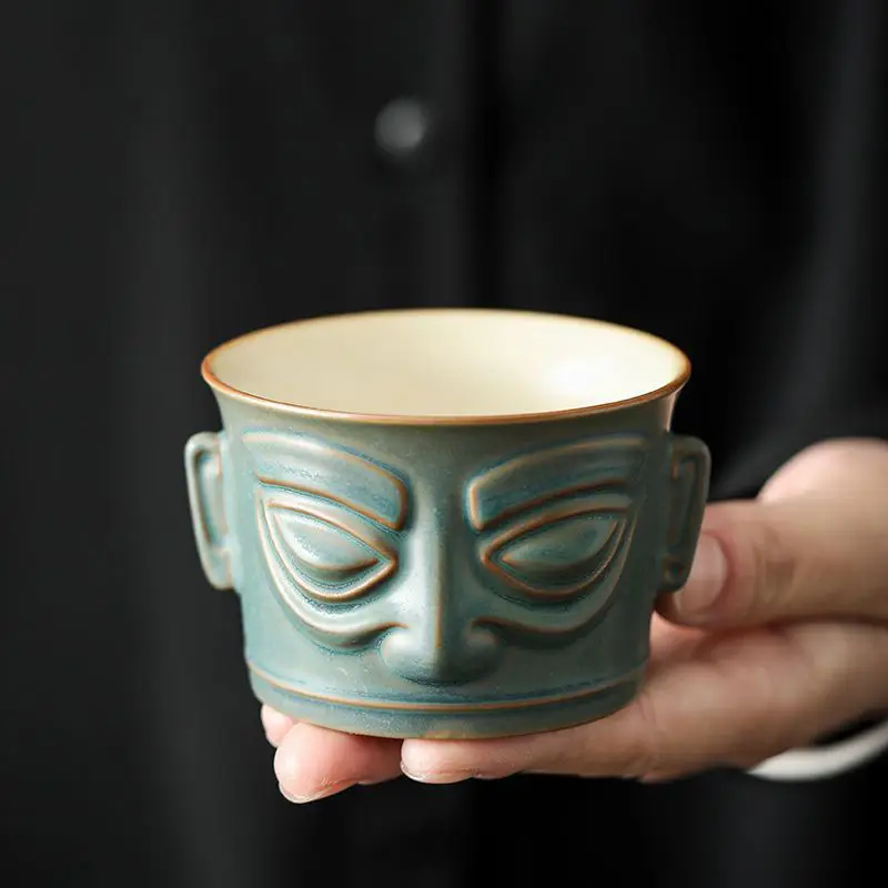 

Sanxingdui Bronze Mask Master Mug,110ml Ceramic Teacup Espresso Coffee Cup Chinese Retro Tasting Small Tea Bowl Coffeeware