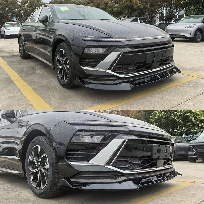 سبويلر أمامي ثلاثي المراحل لسيارة Hyundai Sonata DN8 2024 2025 مع نوع سبليت من ألياف الكربون السوداء اللامعة