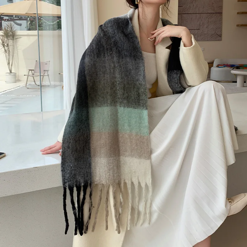 2024 Winter Thick Warm Scarf Women Cashmere Shawl and Wraps Pashmina Neckerchief Bufanda Female Rainbow Hairy Tessel Echarpe New