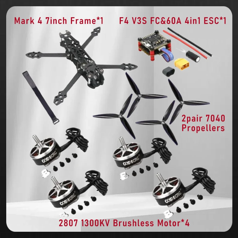 

Mark4 7-дюймовый комплект рамы из углеродного волокна 295 мм FPV со стеком F4 V3S PLUS, BLS 60A ESC, бесщеточный двигатель 2807 1300KV и пропеллер 7040