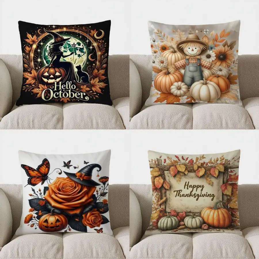 Home Decor Hello Fall: Pumpkins & Autumn Leaves Pillow Pattern Cushion Cover Suitable for Sofa Bedroom Car Pillow Cover