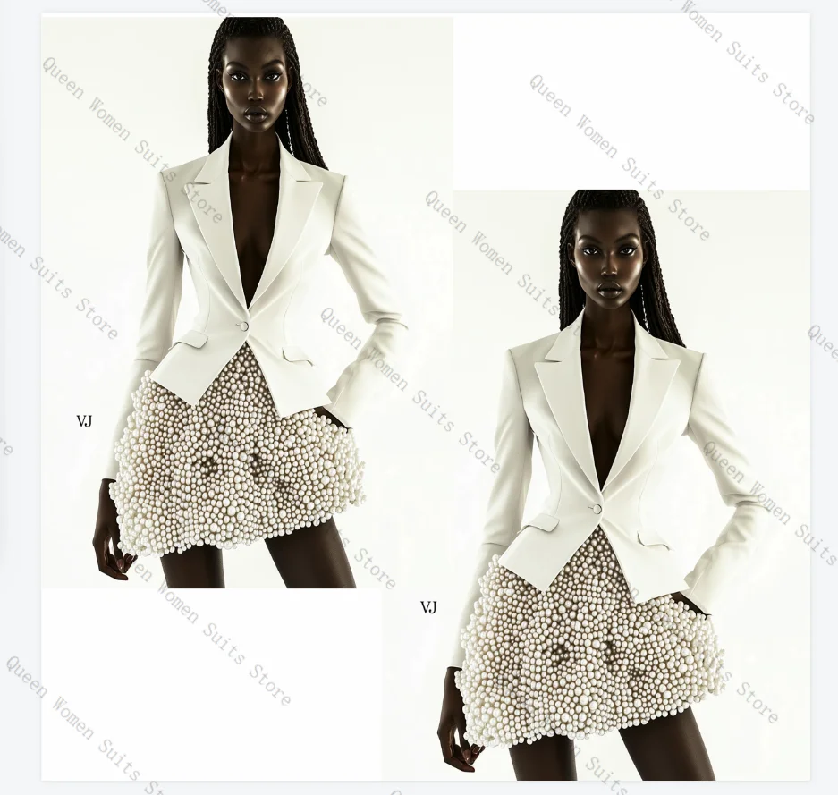 

Luxury Pearls Women Suit Skirt Set 2 Pcs Blazer+Prom Dress Cotton Formal Office Jacket Wedding Coat Customized(No Back Pearls)