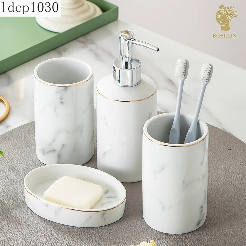 Nordic Bathroom Accessories White Gold Rim Marbled Toothbrush Cup Lotion Bottle Soap Dish Luxury Bathroom Decoration Accessories