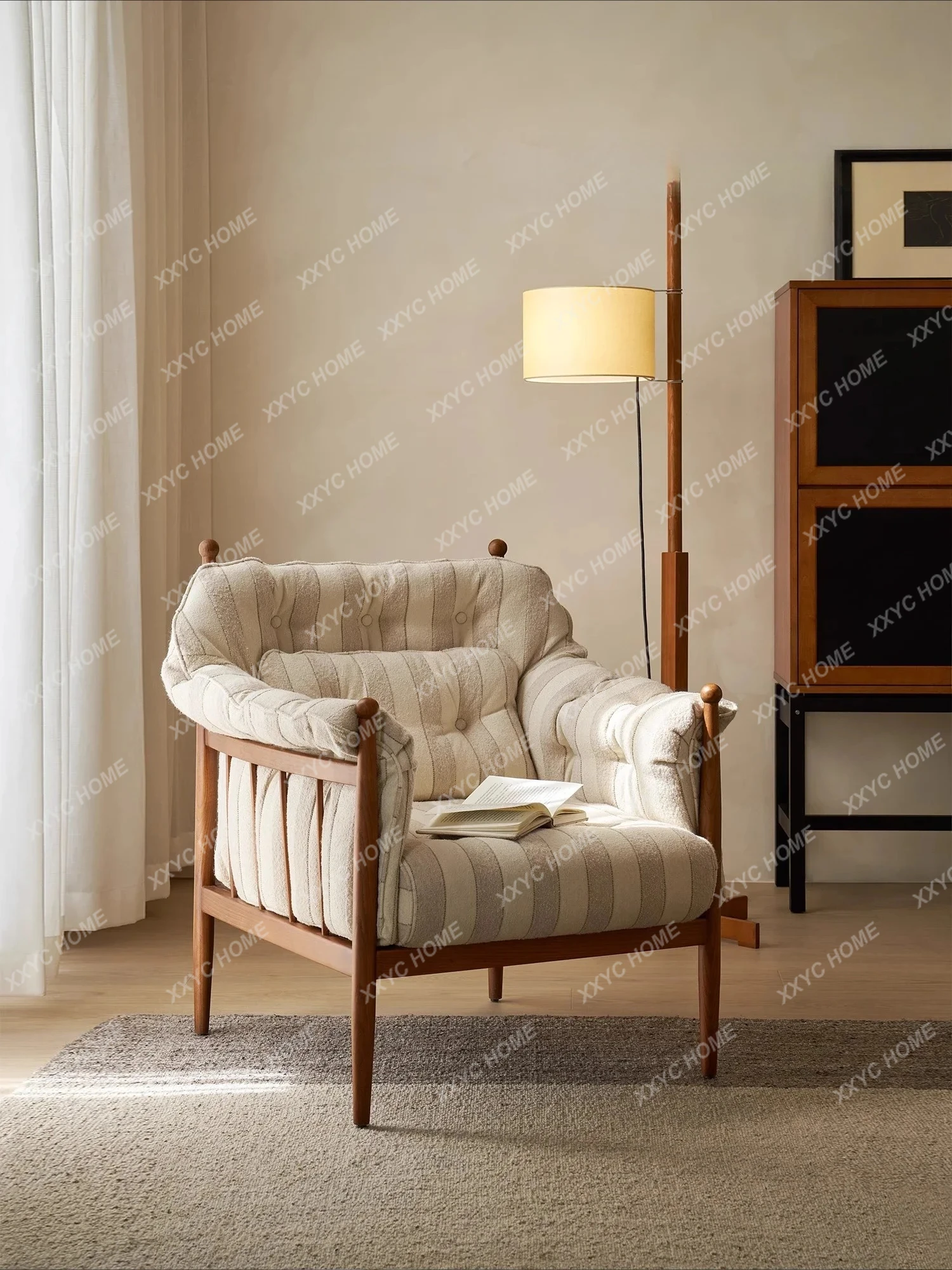 ZH  Modern Leisure Chair Fabric Striped French Retro Small Apartment Home Living Room Single Sofa