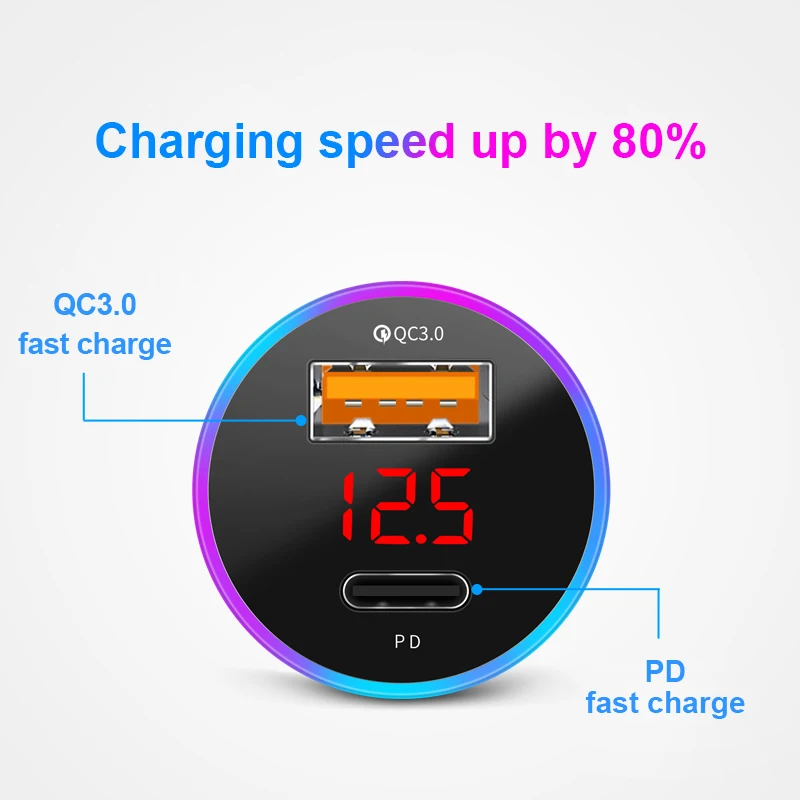38W Car Charger PD+USB QC3.0 Quick Charging Phone Charger Cigarette Lighter Socket with LED Voltmeter Display 12V -24V