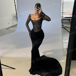 Charming Black Women Evening Dresses Mermaid Long Sleeve Prom Gowns Lace Pleated Customized Formal Occasion Vestidos Para Mujer