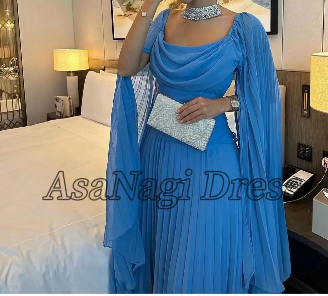 AsaNagi Blue Chiffon Prom Dresses Boat Neck Pleated Ankle-Length Women Elegant Evening Party Dress 2023 فساتين سهره Saudi