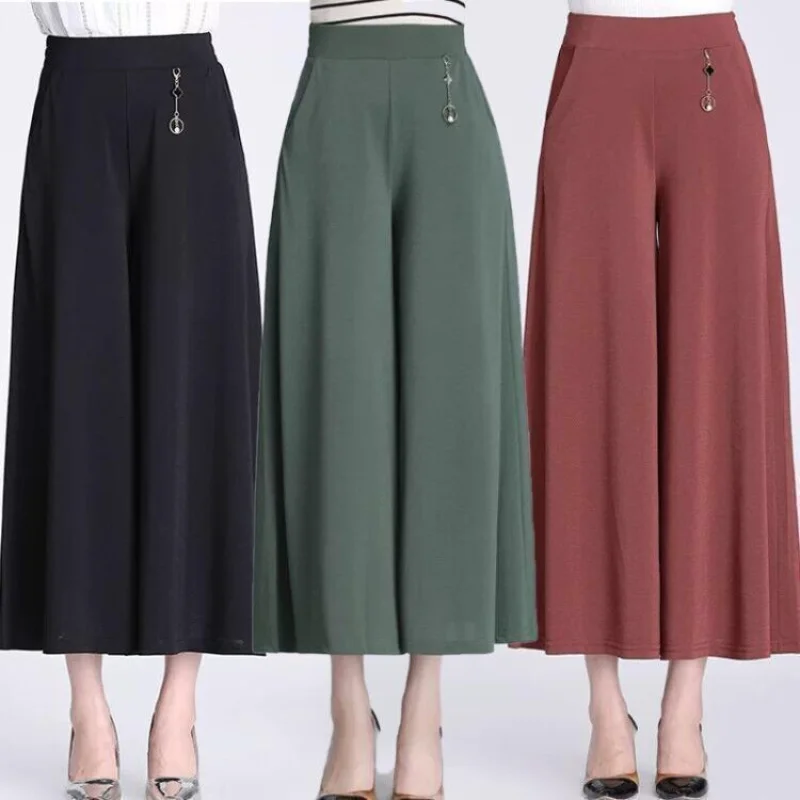 

Summer Crop Loose Pants Women's Clothing Calf-Length Wide Leg Pants Skirt Sweatpants Women Elastic Waist Trousers Female