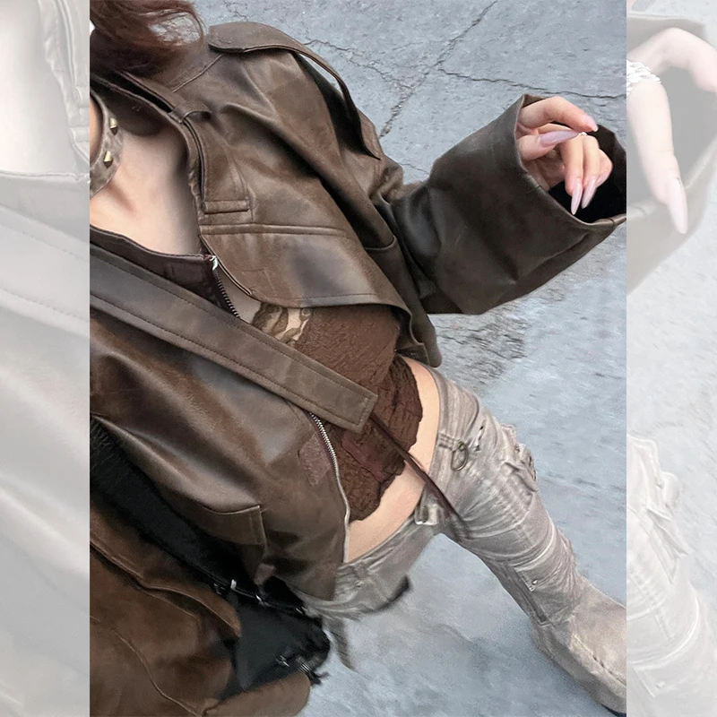 Jaet en cuir marron rétro américain pour femme, manteau d'automne et d'hiver, petite taille, moto Jaet Fraance Sle
