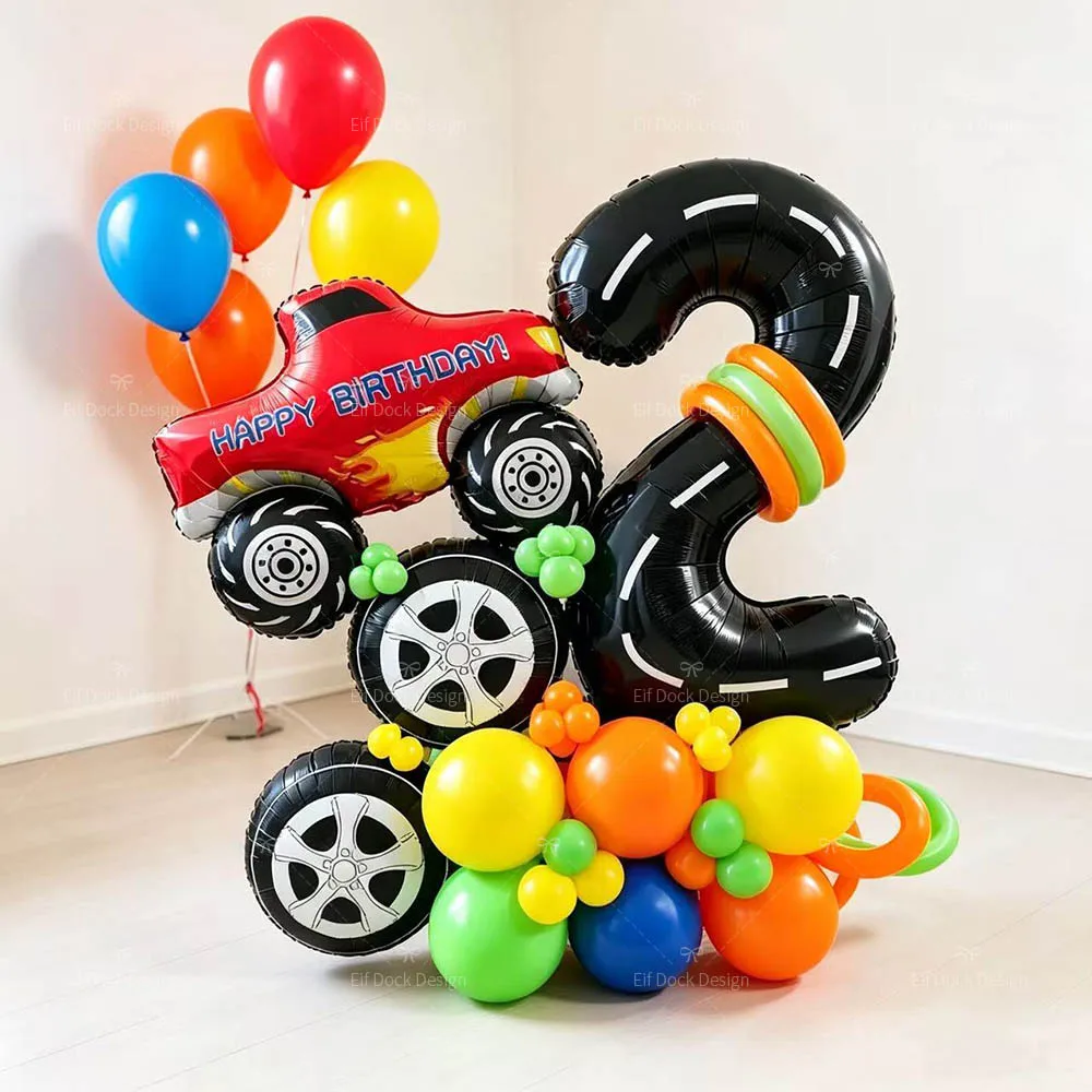 Alles Gute zum Geburtstag Pickup-Truck Reifenballon Schwarze Linien Zahlenballon Kinder Jungen Geburtstagsparty Deko Zubehör Foto-Requisiten