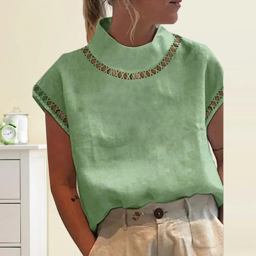 Stylish Women T-shirt Comfy Casual Blouse Stand Collar Dressing Up Simple Casual Pure Color Tee Shirt