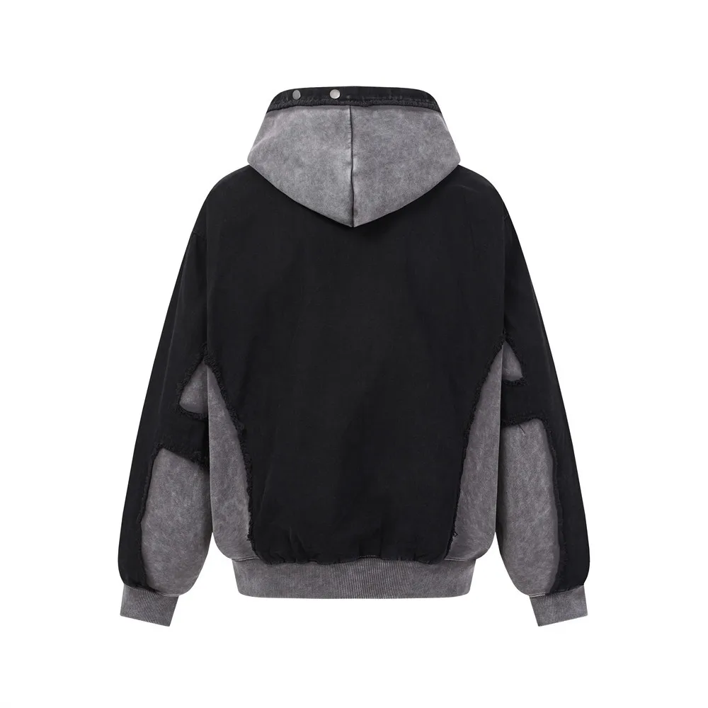 MWJLPWQ Washed Distressed Hooded Sweatshirt Men Punk Style Button-Up Loose Raw Edge Patchwork Design Trendy Spring Autumn 21015
