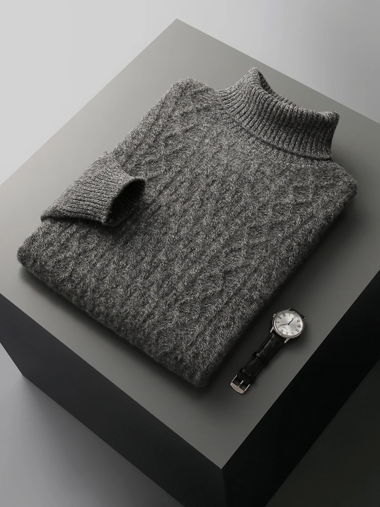 

TLOML New Autumn Winter Men Turtleneck Wool Cable Knit Pullover Basic Cashmere Sweater 100% Merino Wool Knitwear Soft Warm Tops