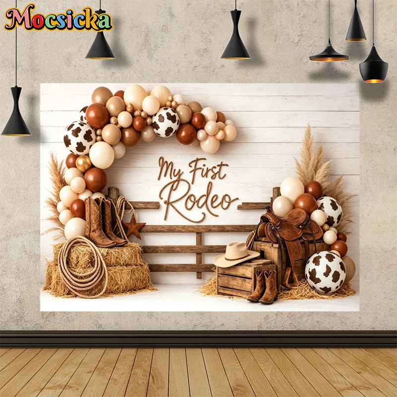 Mocsicka My First Rodeo Photography Backdrop Western Cowboy Balloon Background Baby Boy Cowboy 1st Birthday Cake Smash Photo
