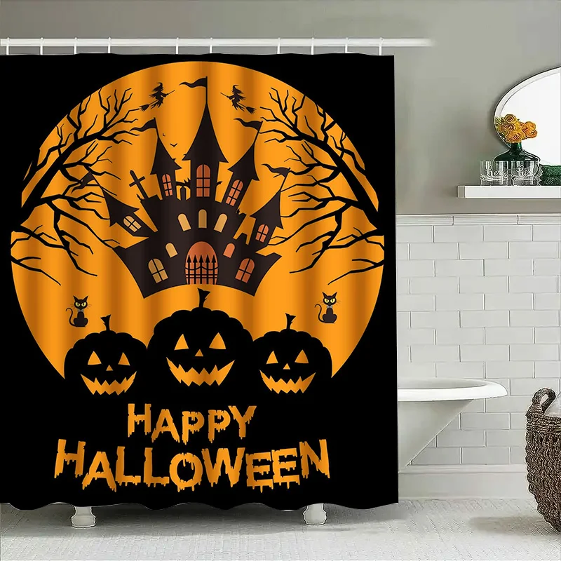 

1PCHappy Хэллоуин летучая мышь тыква занавеска для душа жуткий домашний декор черно-оранжевая занавеска для ванной комнаты