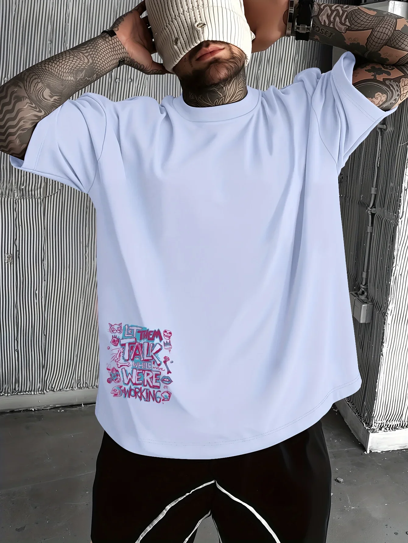 Street Hip‑hop Multi‑Decor Element Dual‑sided Print T‑Shirt Men Soft‑fabric Light Blue Casual Streetwear Tees