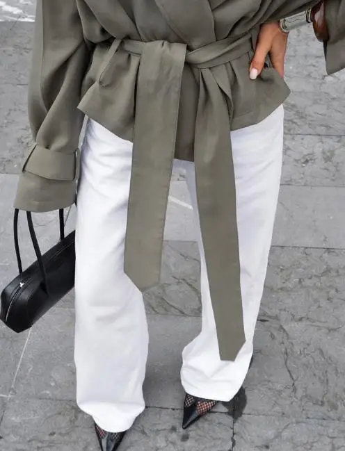 Women's Jacket 2025 Spring Autumn New Solid Color Windbreaker Notched Collar Long Sleeve Commuter Temperament Lace Up Jacket