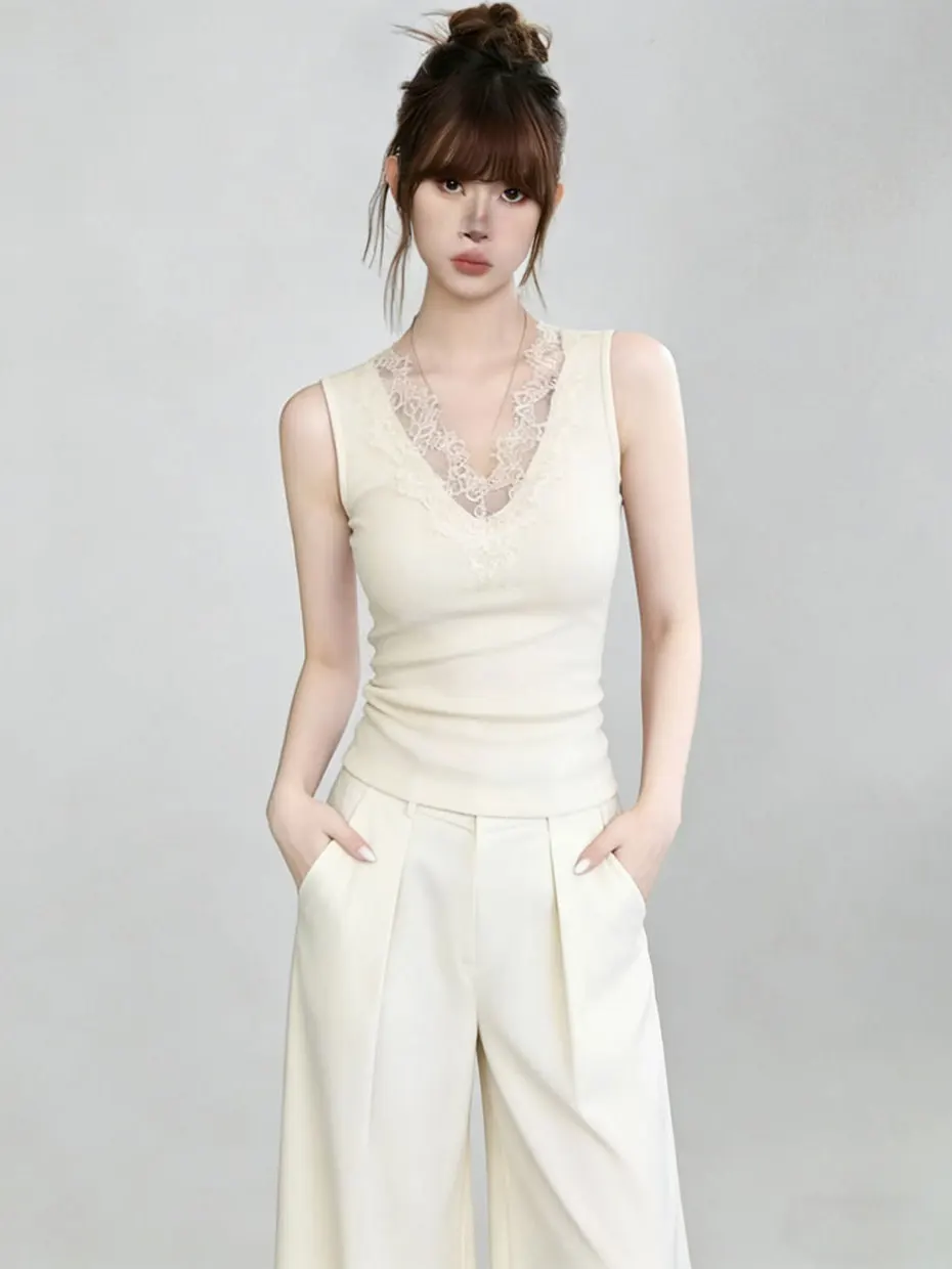 Pure Desire Lace Small Strap Vest Women's Business Inner Wear with Chest Pad Spring Beauty Back Bra Integrated Sleeveless Top