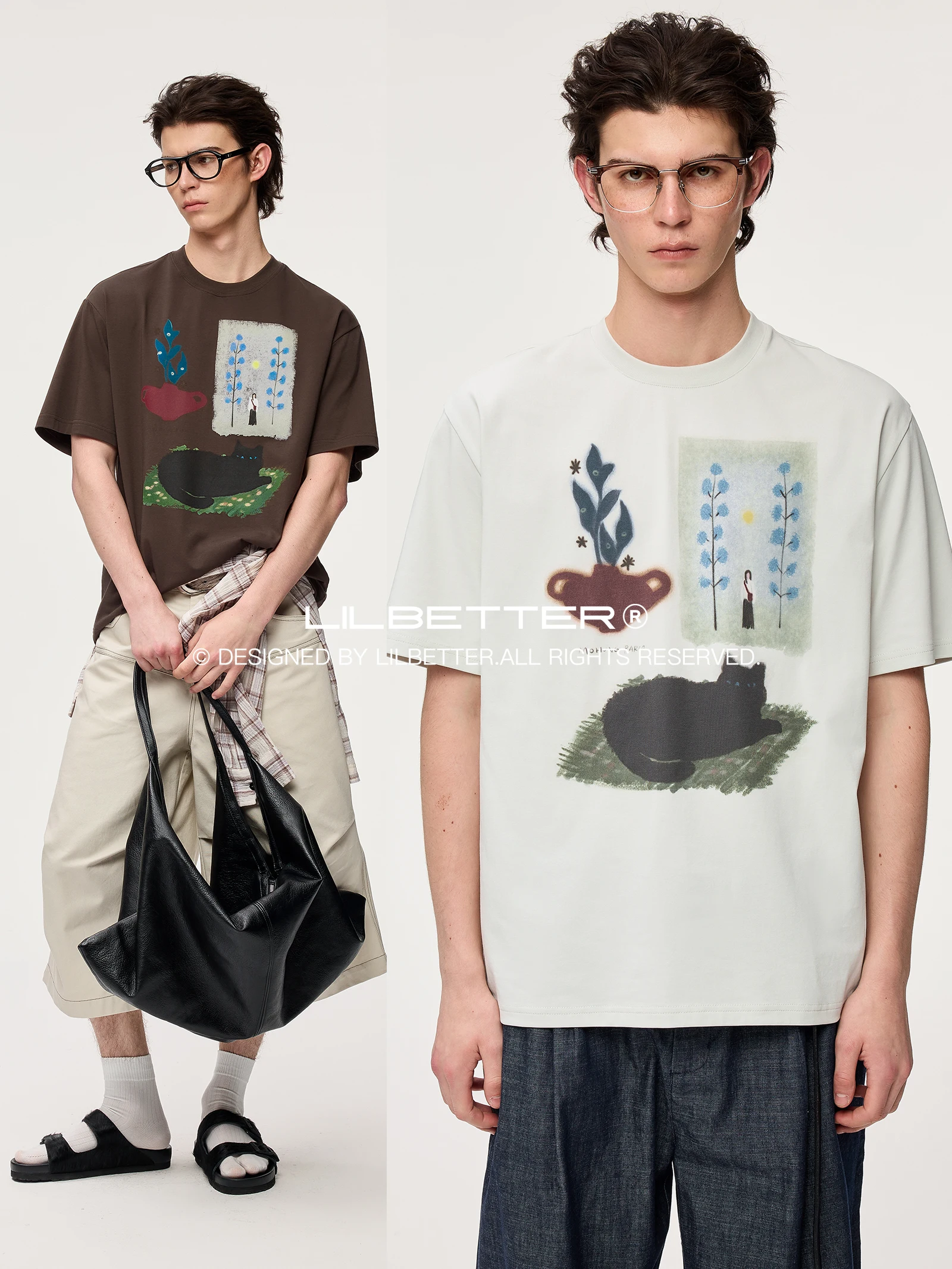 Lilbetter Hand-Drawn Illustration Print T-Shirt Quick Dry Cool Feeling Short Sleeve Unisex Summer Fashion Casual Knitted Cotton