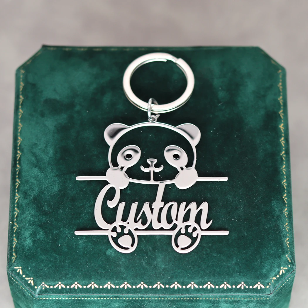 QIAMNI Chinese Cute Giant Panda Personalized Custom Name Key Chain Stainless Steel Nameplate Minimalist Bag Car Pendant Keychain