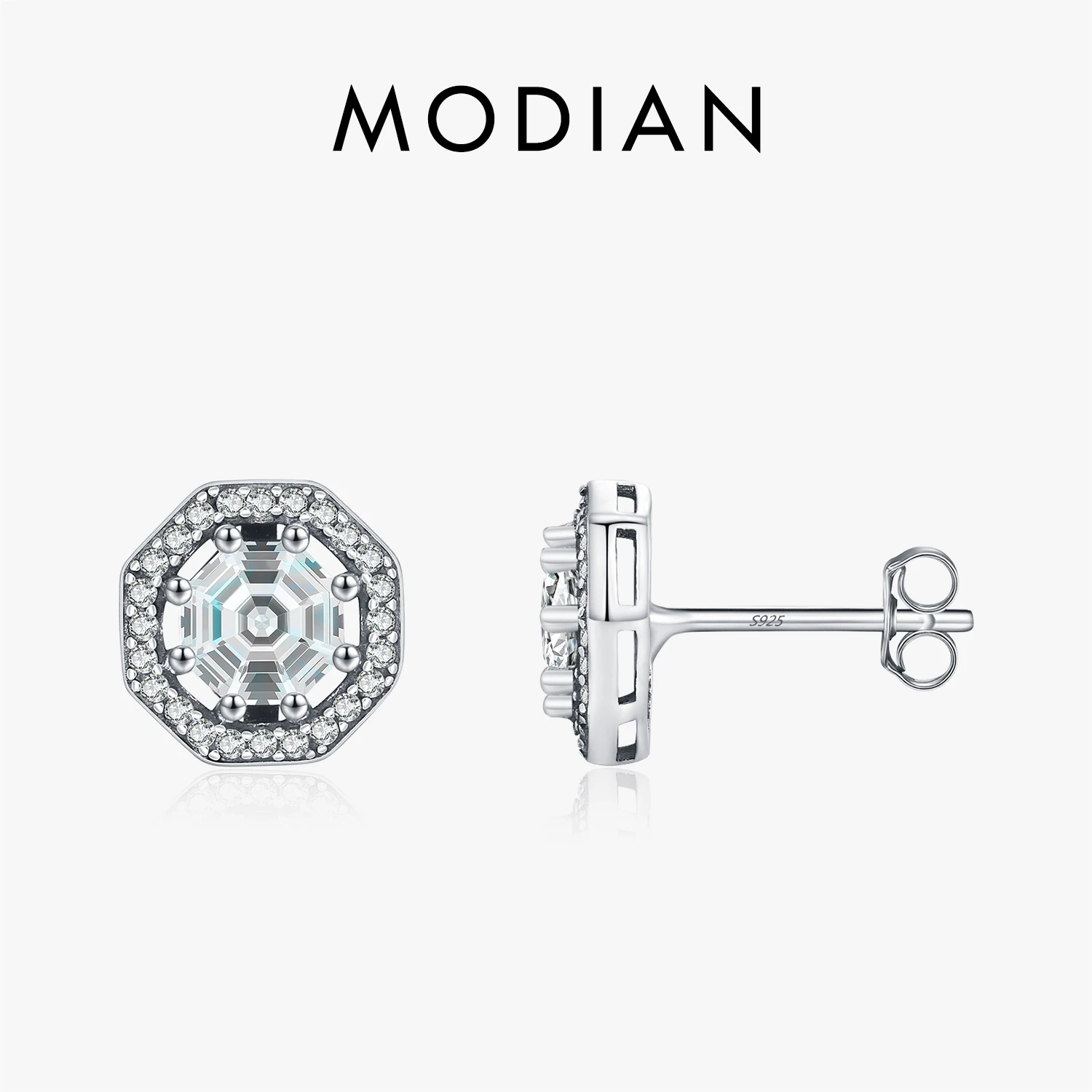 

MODIAN 925 Sterling Silver Dazzling Octagon Clear Cubic Zirconia Stud Earrings For Women Fine Jewelry Accessories