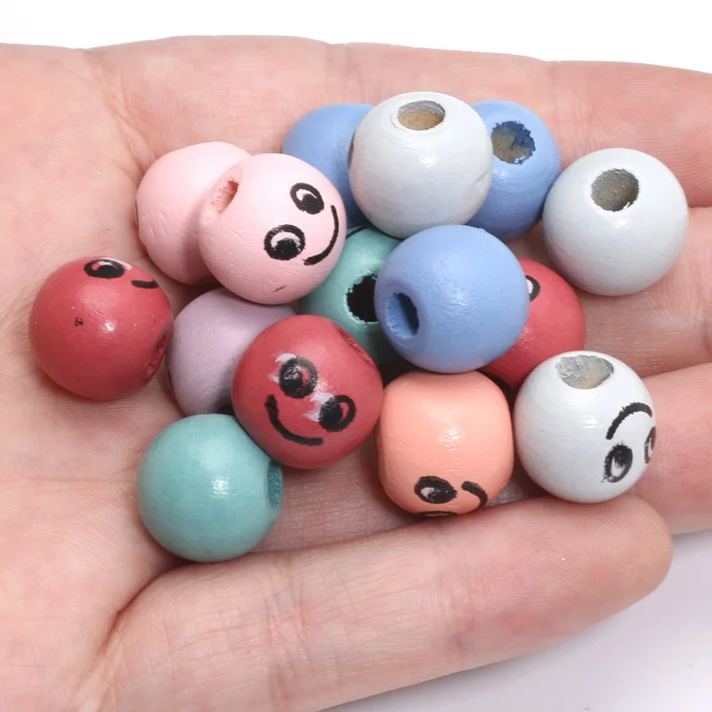 14mm 30Pcs Smiling Face Pattern Mixed Color Circular Bead Wooden Bead For Handmade Jewelry Making Bracelets Necklaces Accessorie