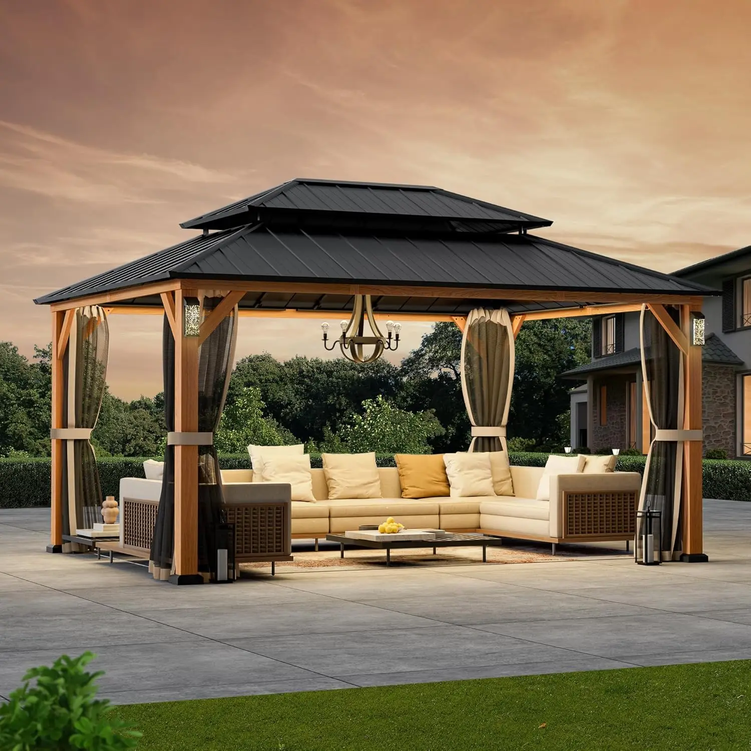 

Современная беседка Modern Shade The Horizon с жесткой крышей 12' x 16' и 4 светодиодными светильниками, уличная беседка с двойной крышей из оцинкованной стали.