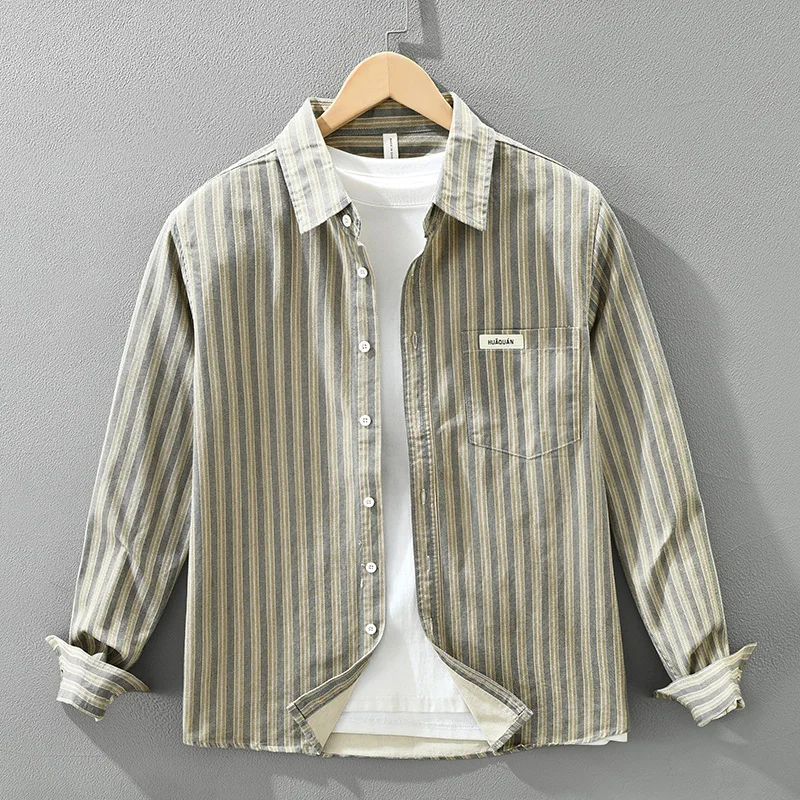 2026 Spring Autumn New Vintage Striped Comfort 100% Cotton Shirts for Men Sense of Layering Streetwear Men Tops