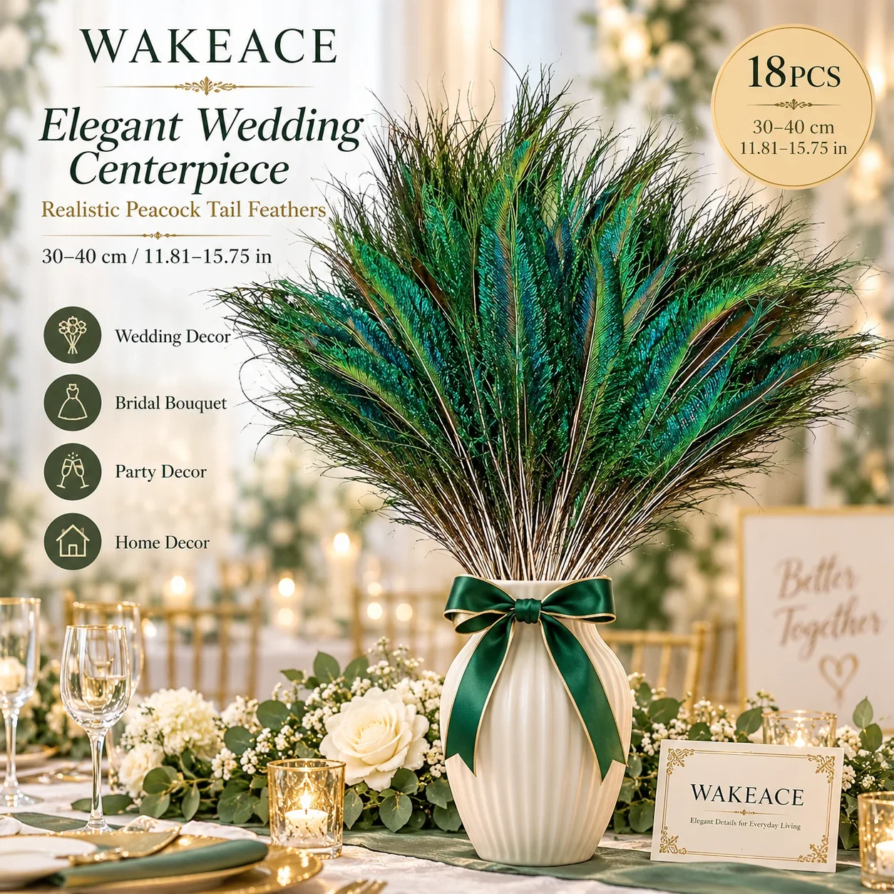 18PCS Realistic Artificial Peacock Tail Feathers 30-40.1cm Vivid Green for DIY Wedding Home Party Event Decor