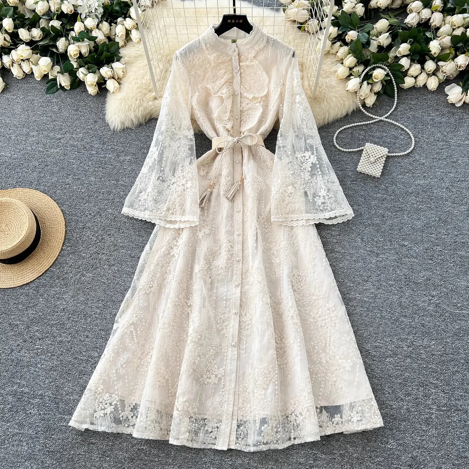 

Summer New Luxury Fashion Flower Mesh Embroidery Dress Women Stand Long Flare Sleeve Ruffles Belt Party Female Long Vestidos