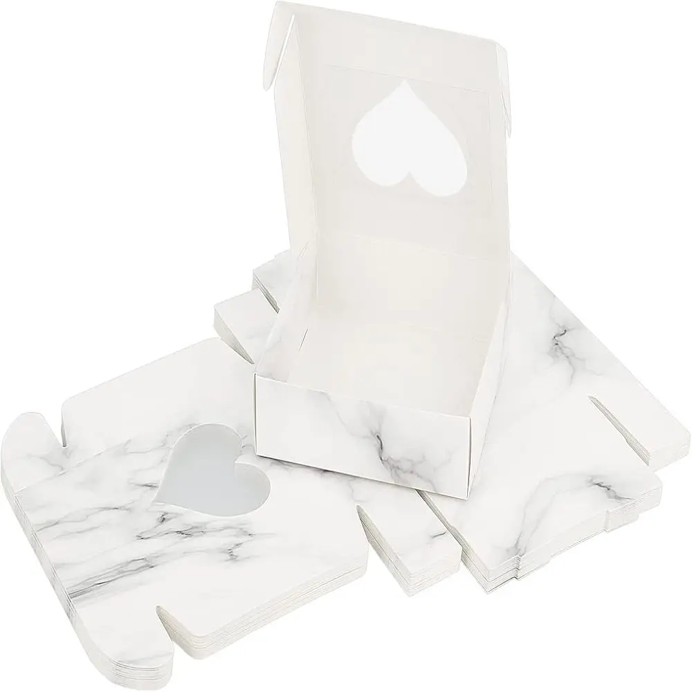 18PCS White Gift Box 10cm(4”) Folded Kraft Paper Favor Boxes Marble Texture Pattern with Heart Window Cardboard Jewelry Boxes