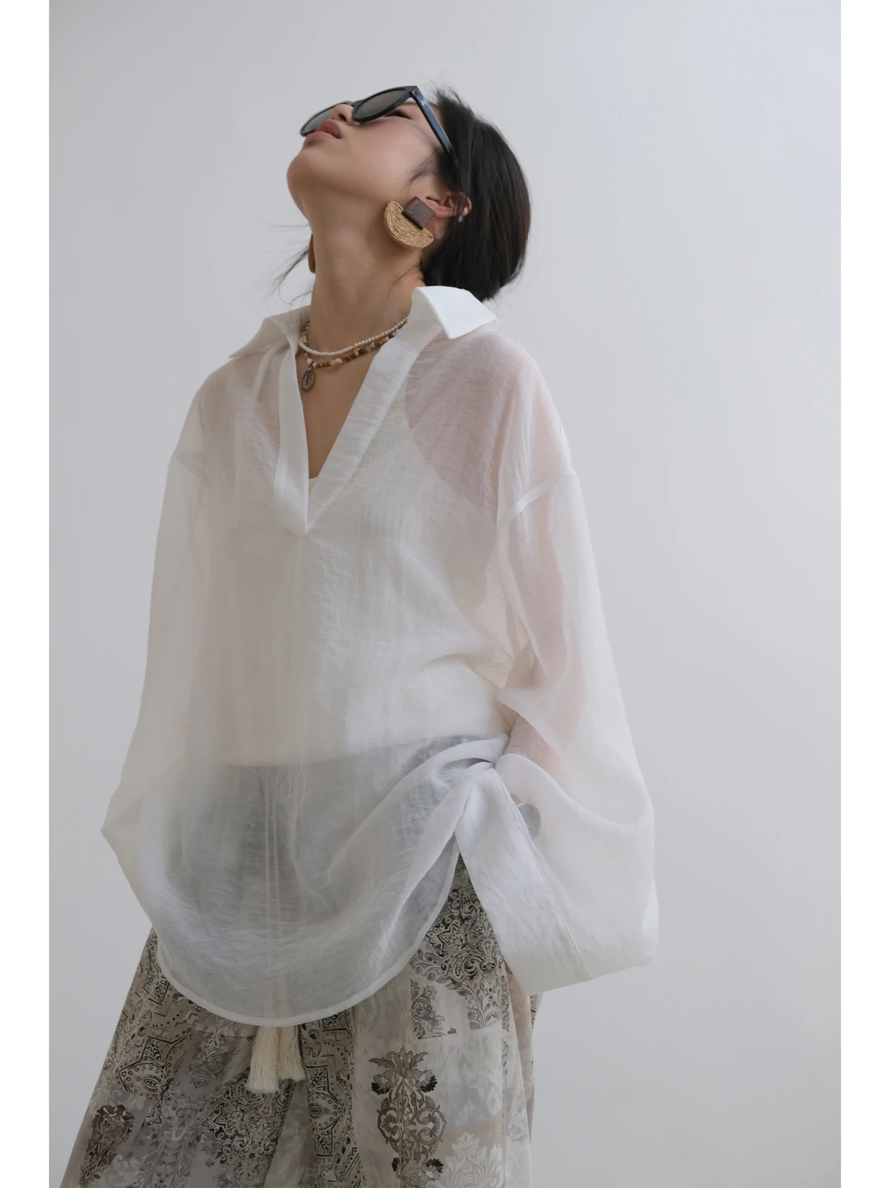 

VG Corridor Loose Sun Protection irt Transparent Lightweight Cotton Blend V-Ne Long Sve Commute Sle Summer irt