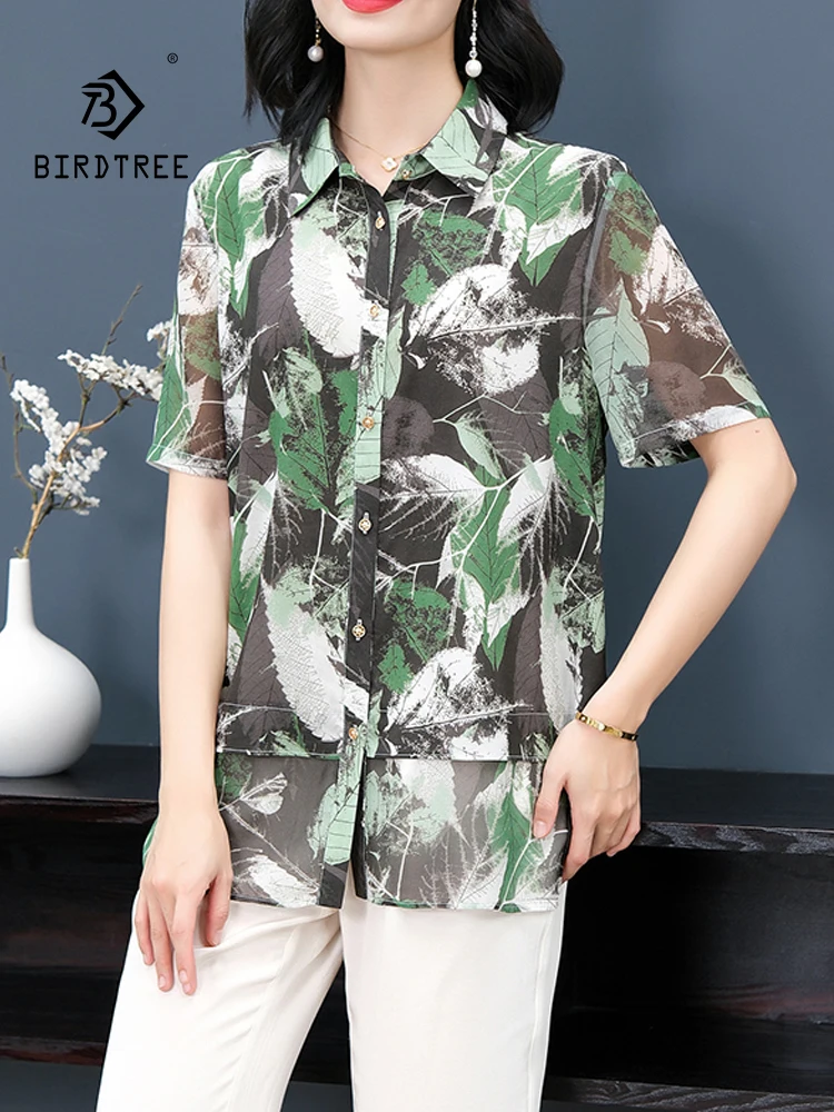 

BirdTree, 90%Real Silk Elegant Shirts, Women Short Sleeve Printed, Mom Commute Fashion Versatile Blouse, 2024 Summer T444150QC