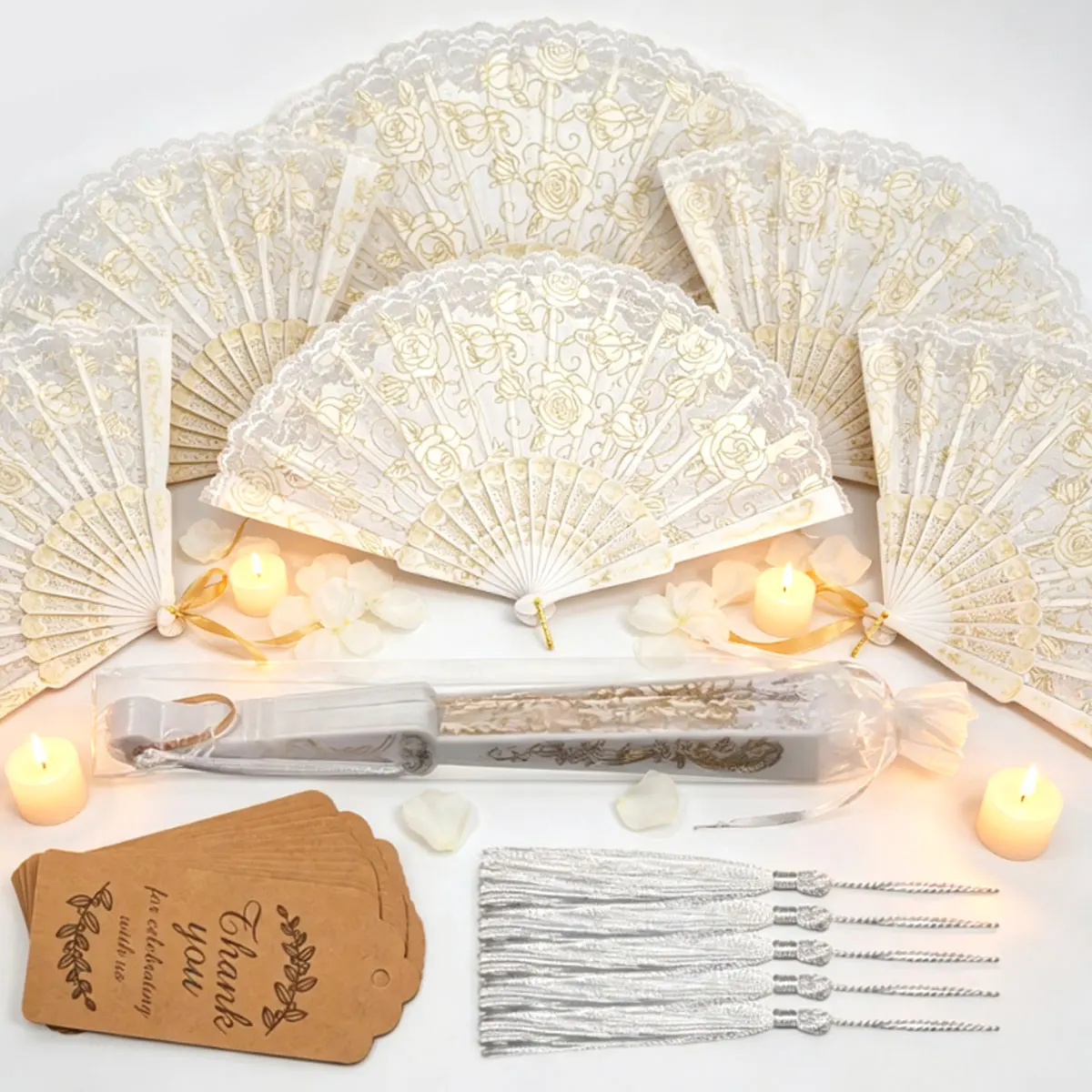 6Set Romantic Rose Lace Hand Fans – Versatile Decorative Accessories for Weddings, Church Events, Bridal Showers, ZSY